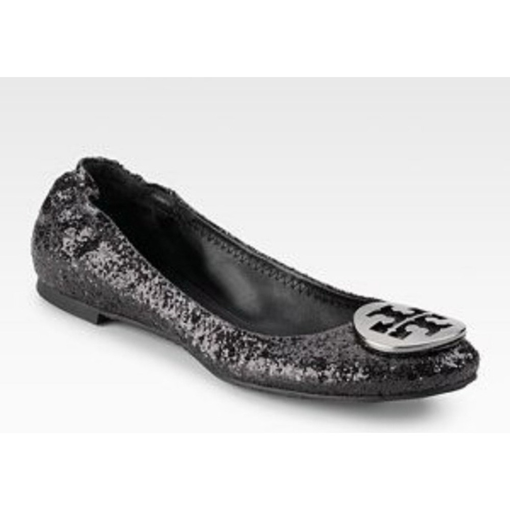 Tory Burch Glitter Ballet Flats Sparkle Embellished Logo Women's Size 7.5M